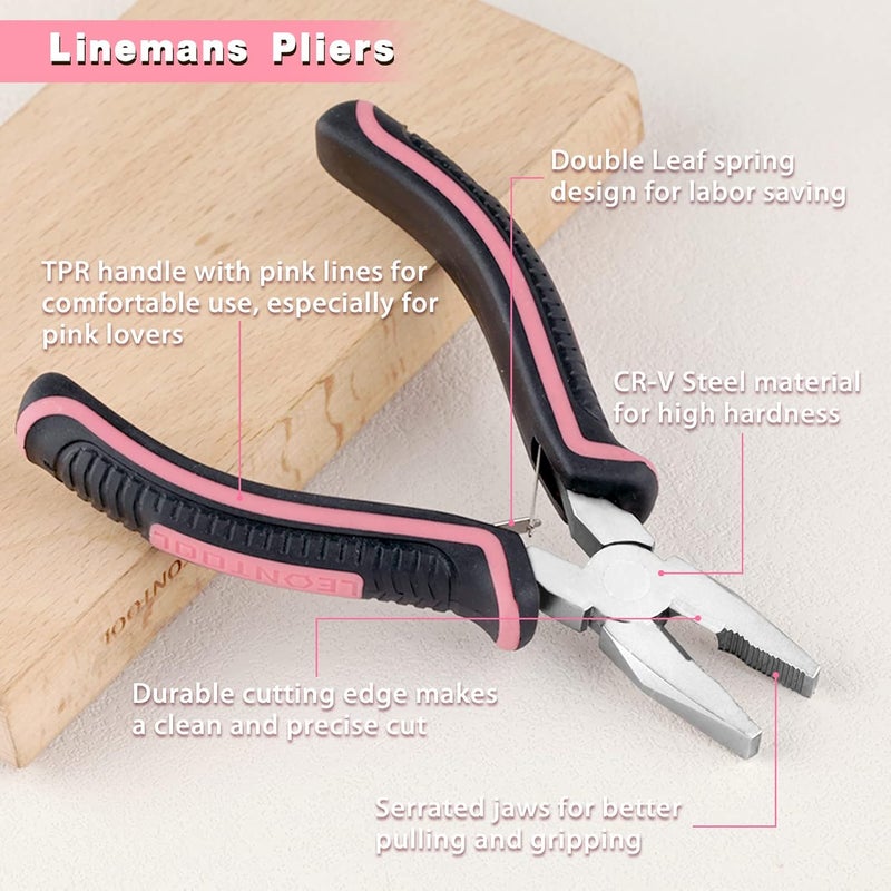LEONTOOL Mini Linemans Pliers Spring Loaded 5 Inches Wire Cutter with Serrated Jaw Chromium Vanadium Steel Construction Mini Combination Pliers for Jewelry Making, Pink Tool for Women - Image 2